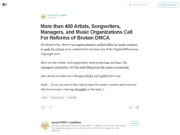 https://medium.com/@musicFIRST/more-than-400-artists-songwriters-managers-and-music-organizations-call-for-reforms-of-broken-ea261c560a1a