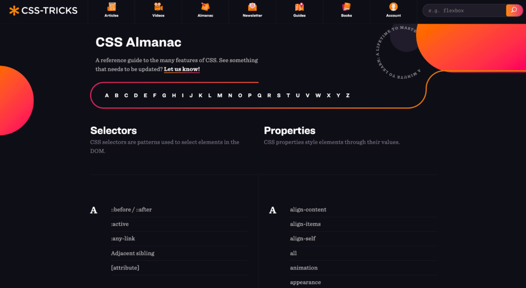 Screenshot des Bereichs Almanac der Website CSS-Tricks.com, aufgezeichnet am 1. November 2020