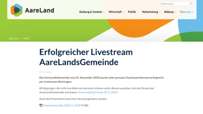 AareLandGemeinde 20201125 – Website Screenhot Screenshot Website Aareland.ch vom 25.11.2020