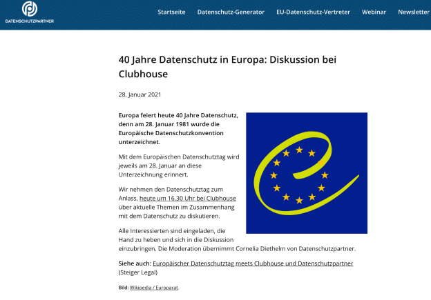 Clubhouse Diskussion zum 40 Jahre Datenschutz in Europa Jubiläum