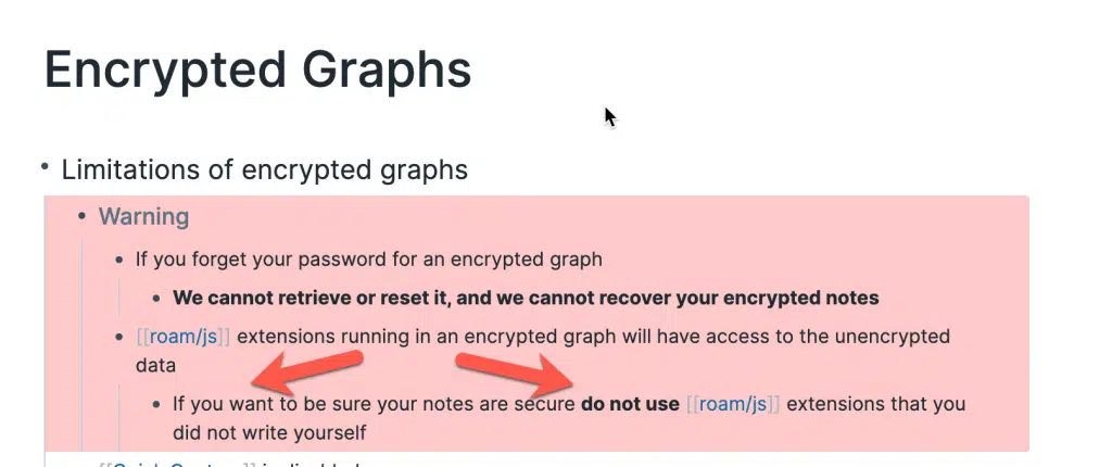 Screenshot Roam Research Dokumentation. Zitat auch im Text vorhanden.
