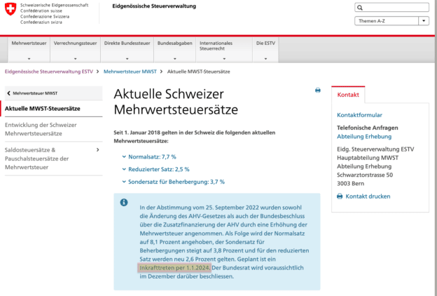 Die neuen Mehrwertsteuersätze nach der AHV-Abstimmung treten per 1. Januar 2024 in Kraft