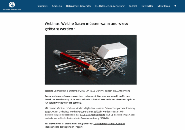Datenschutzpartner Academy Webinar zum Thema Löschen von Daten