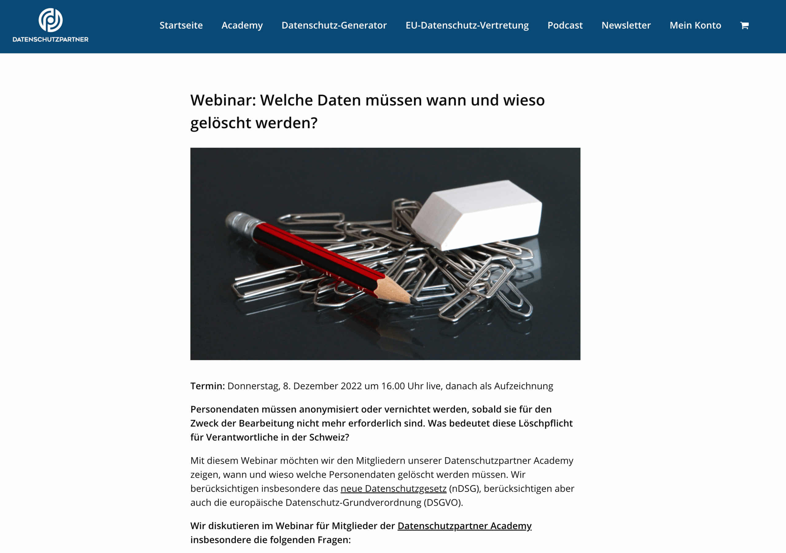Screenshot Webinar Datenlöschung von Datenschutzpartner Academy vom 5.12.2022