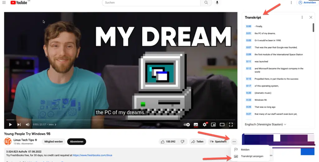 Screenshot des YouTube Players im Chrome Webbrowser auf Mac mit Hinweis auf Traskript-Toggle - 20221211