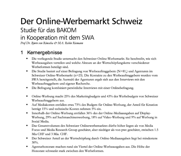 Der Online Werbemarkt Schweiz (Bakom Studie 2021)