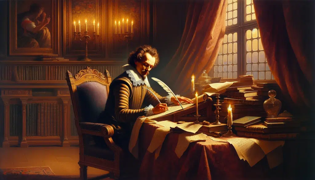 Ein Gemälde von Michel de Montaigne, einem Mann, der für seine Essays bekannt ist, der an einem Schreibtisch schreibt. (generiert durch Dall-E)