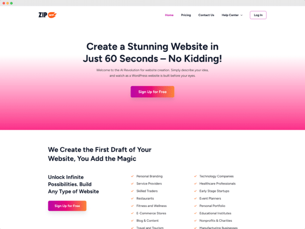 Zip WP – WordPress Websites mithilfe von KI erstellen