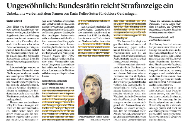 Bislang offenbar keine Reaktion der Bundesanwaltschaft auf Strafanzeige des EFD bezüglich Missbrauch der Identität von Bundesrätin Keller-Sutter