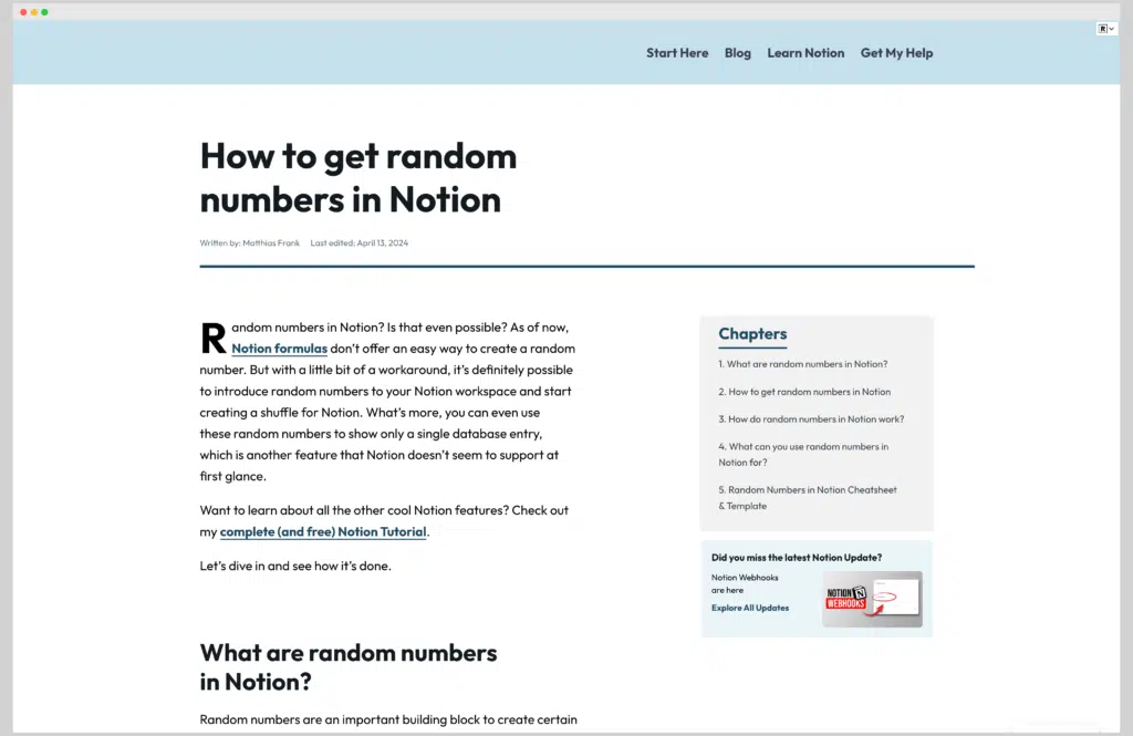 Screenshot Blogpost «How to get random numbers in Notion»