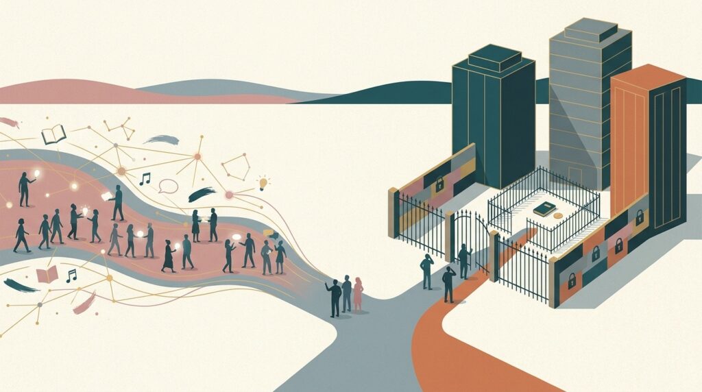 Illustration einer Weggabelung: links ein offener Weg, auf dem sich Bücher, Noten und Ideen zu einem leuchtenden Netzwerk verbinden, rechts ein eingezäunter Weg, der vor Konzerntürmen in einem verschlossenen Gehege endet.